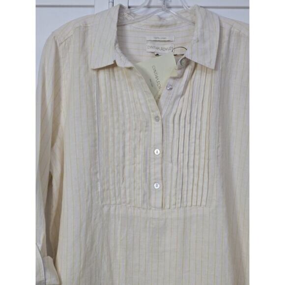 Cynthia Rowley Tunic M 100% Linen Off White Yellow Stripe Pleat Button Shirt Top - Picture 5 of 6